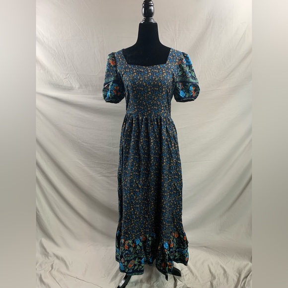 Blue Boho Ditsy Floral Print Sweetheart Neck Ruffle Hem Dress - Picture 6 of 10
